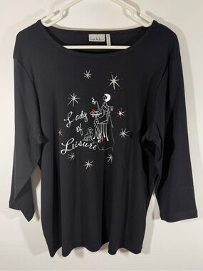 Nicole Miller Black Long Sleeve "Lady of Leisure" Graphic Tee